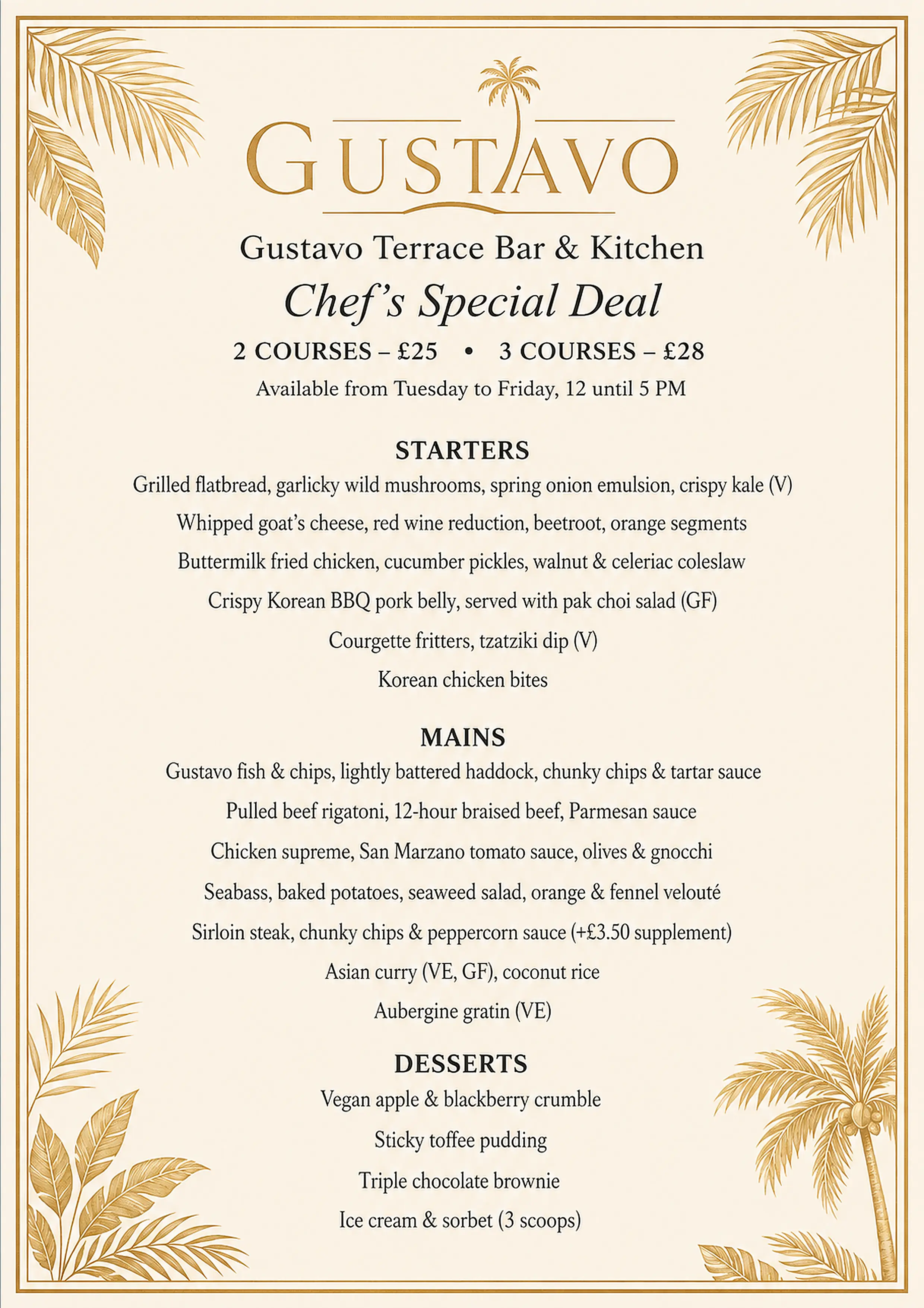GUSTAVO chef’s special deal menu