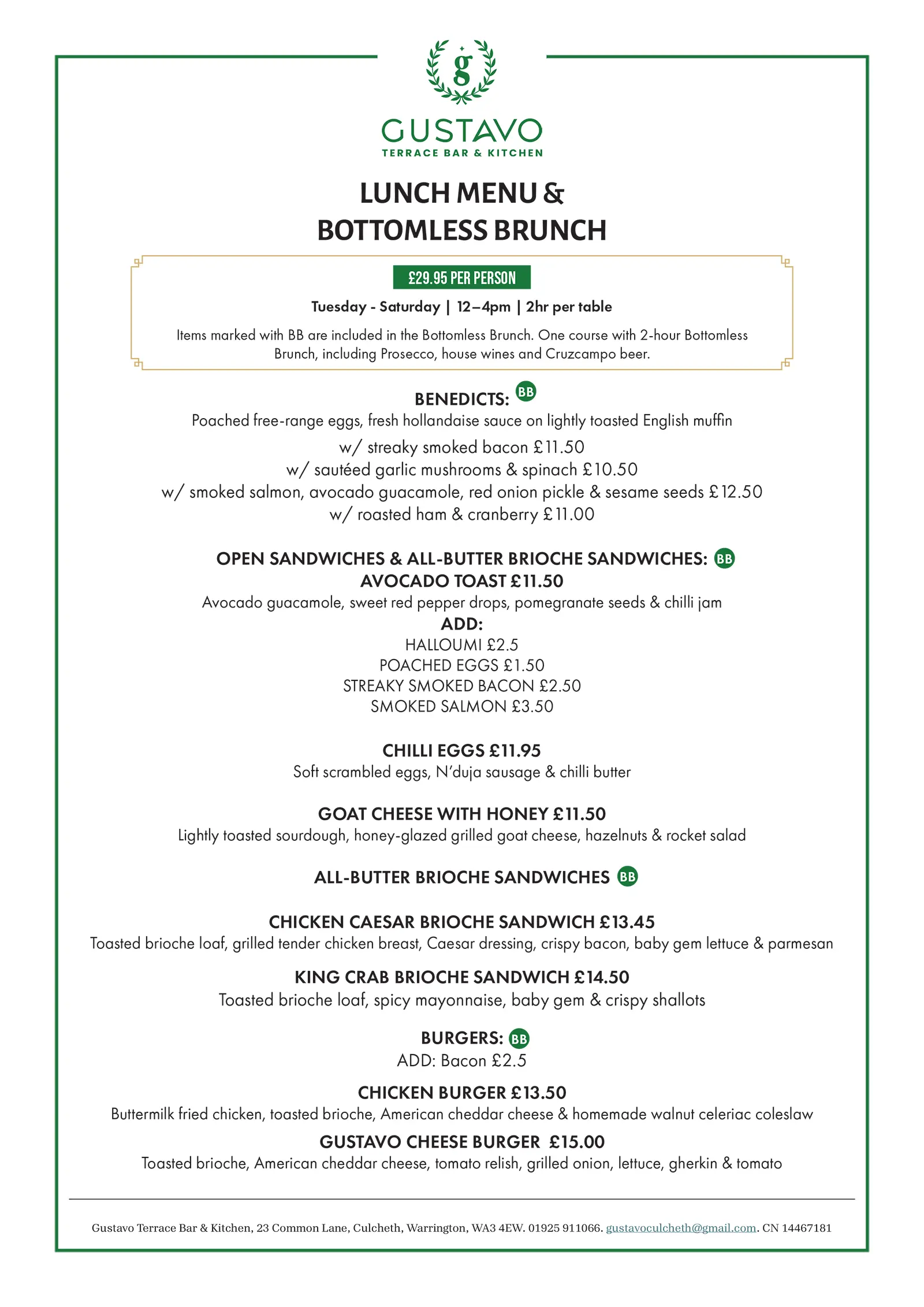 GUSTAVO lunch menu and bottomless brunch, page 1